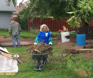 Shelly Leadley demonstrates her wheelbarrow skills.