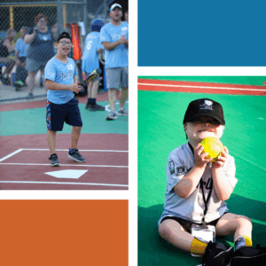 One young boy at bat during a baseball game, another young boy sitting on the field holding the ball.