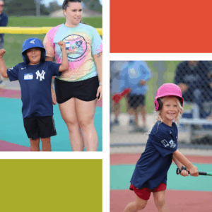 A young girl wearing a batter's hat, celebrating getting on base with a teen volunteer celebrating with her. Another image of a young girl in a pink batter's hat at bat.
